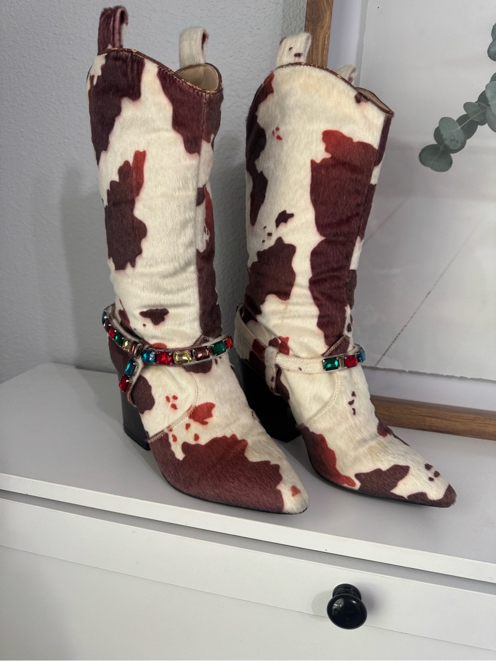 Women’s Size 3 Cow Print Western Cowboy Boots Rhinestone Jeweled Pointed Toe 👢✨